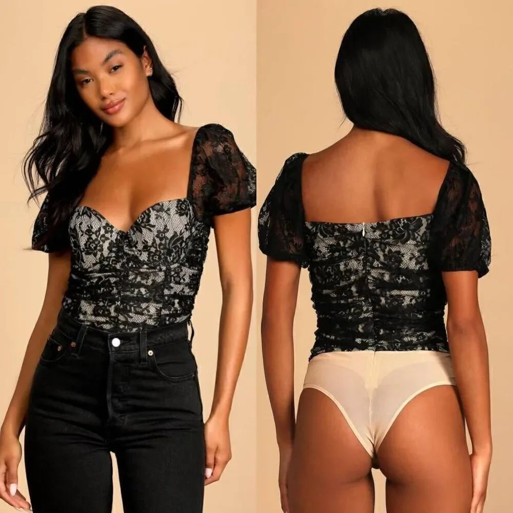 Lulus Elegant Demeanor Black Lace Puff Sleeve Bustier Bodysuit L NWT